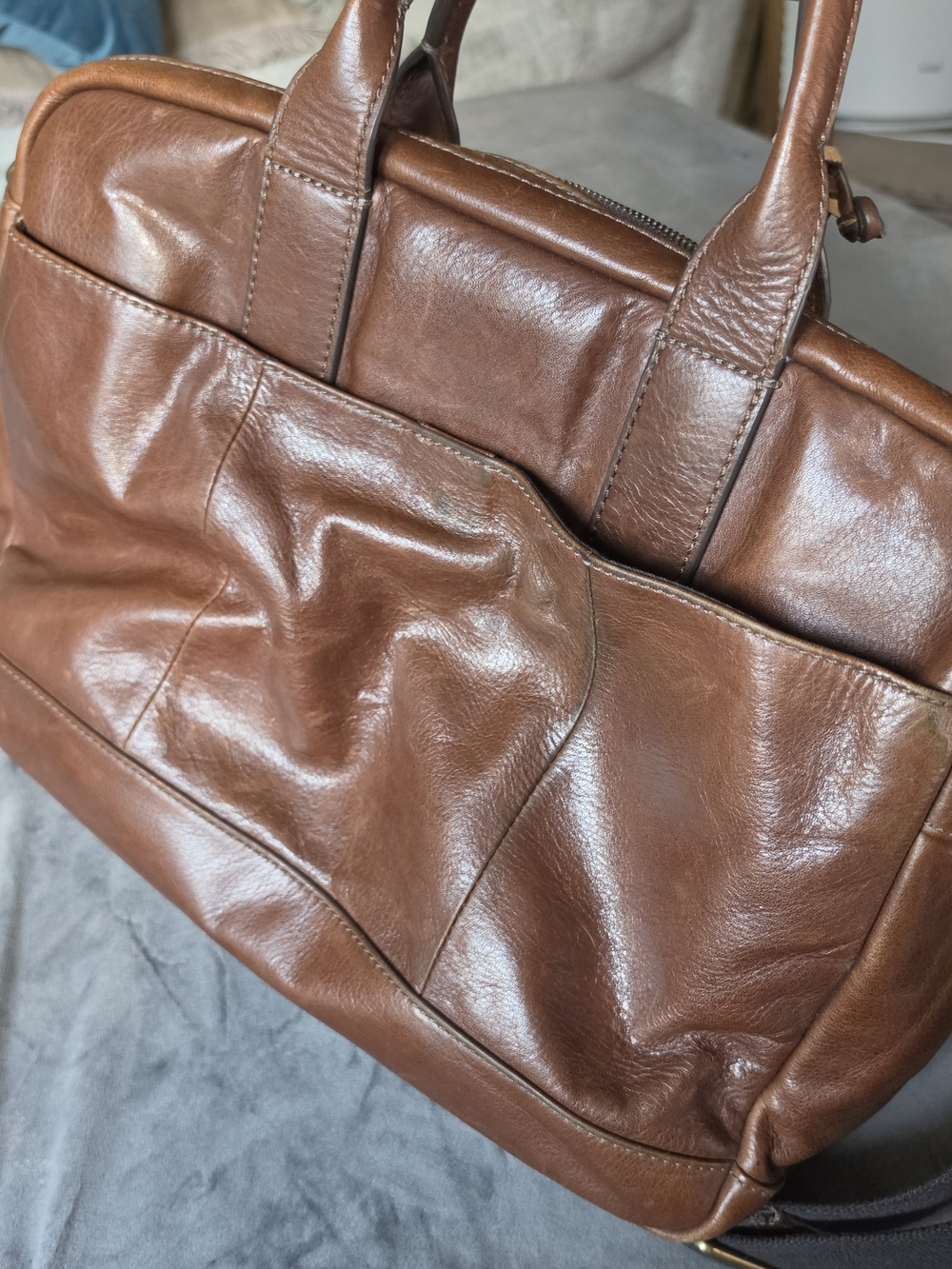 Fossil Cognac Brown Leather Briefcase with Front Pockets - Picture 4 of 6